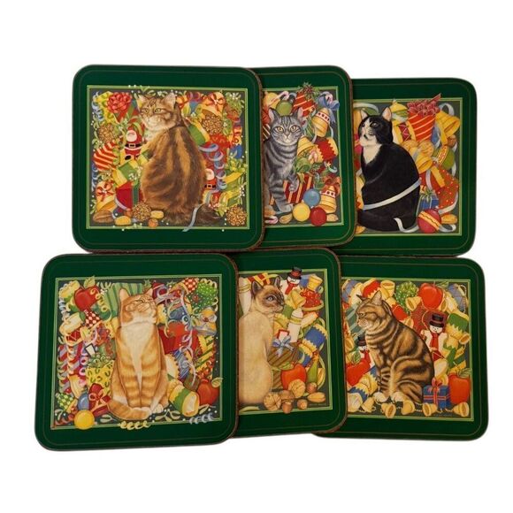 Pimpernel Christmas Cats Set of 6 Coasters Vintage Made in England - Picture 1 of 6